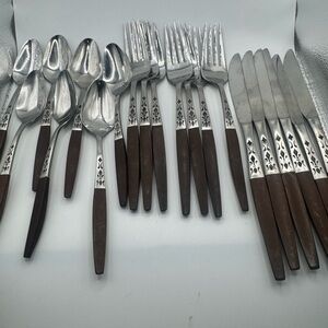 Vintage Grand Prix Stainless Steel Wood Handle Flatware Lot Spoons, Forks Spoons